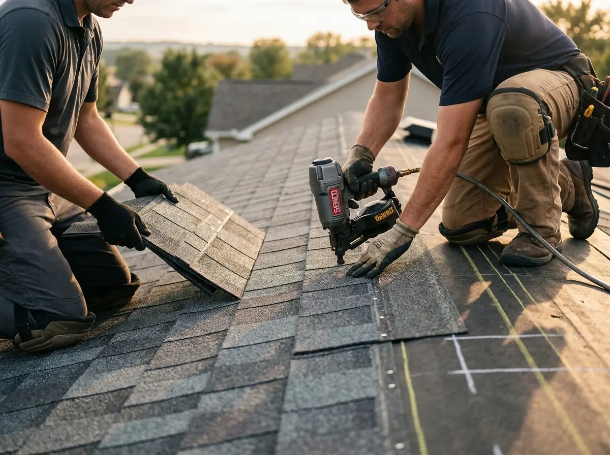 Professional roofer working on a residential roof in South Orange Village